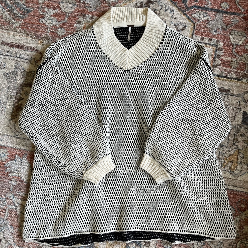 Free People Black and White V-Neck Sweater